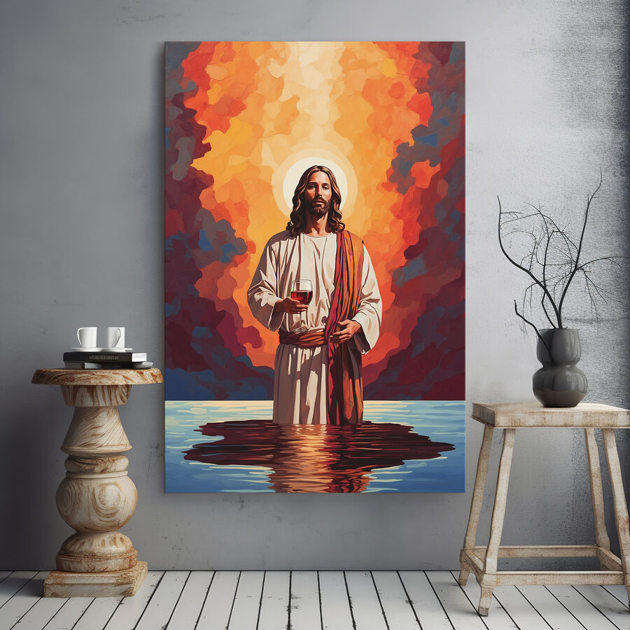 Een schilderij van een man met een glas wijn in zijn hand Een schilderij van een man met een glas wijn in zijn hand