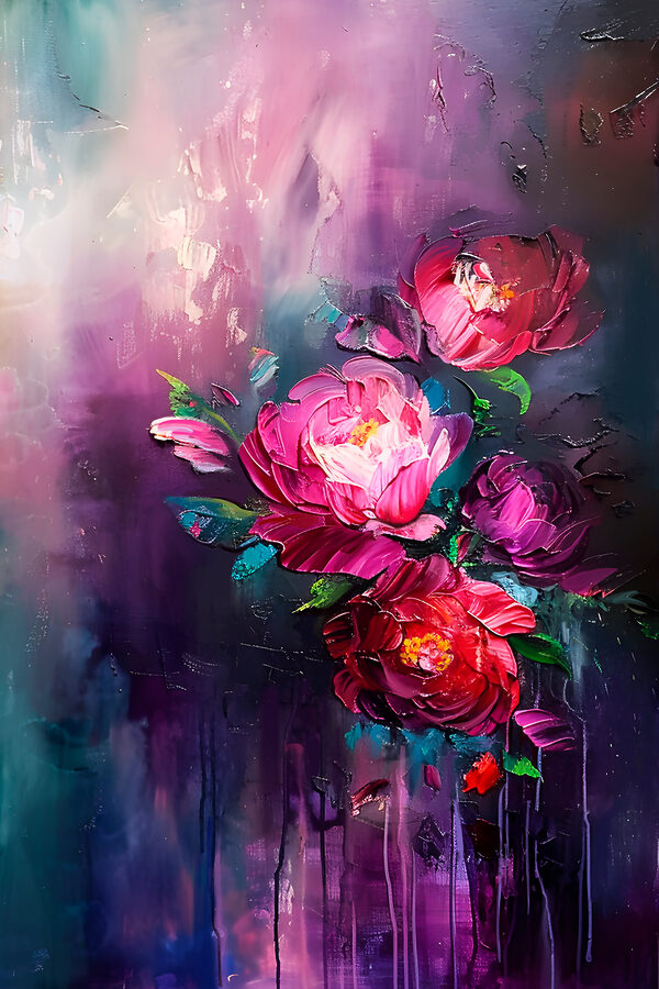 Een schilderij van bloemen op een paarse achtergrond Een schilderij van bloemen op een paarse achtergrond