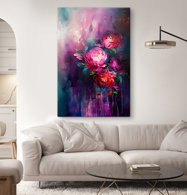 Een schilderij van bloemen op een paarse achtergrond Een schilderij van bloemen op een paarse achtergrond