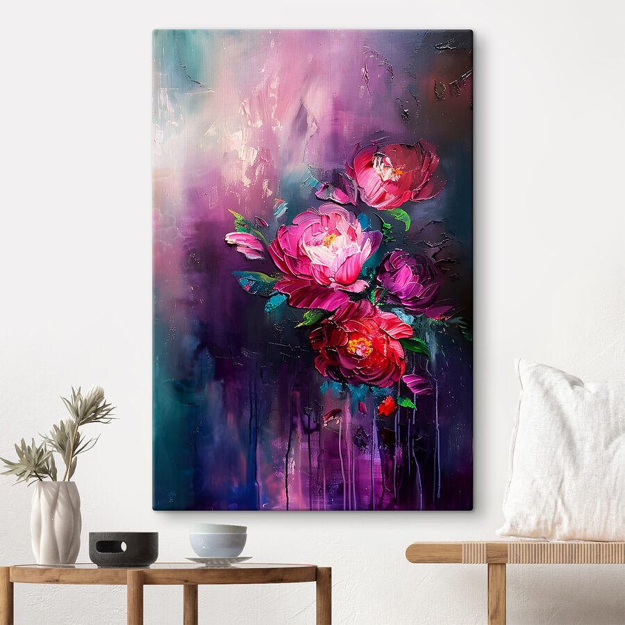 Een schilderij van bloemen op een paarse achtergrond