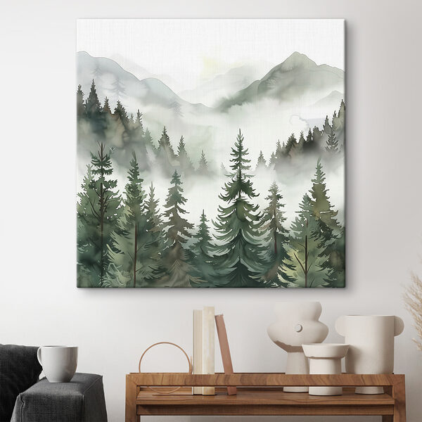 Een landschap van bomen en bergen Canvas Schilderijen Een landschap van bomen en bergen