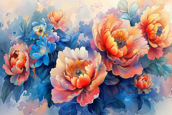 Een schilderij van bloemen op een blauwe achtergrond Een schilderij van bloemen op een blauwe achtergrond