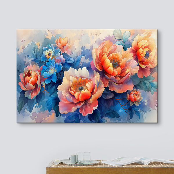 Een schilderij van bloemen op een blauwe achtergrond Een schilderij van bloemen op een blauwe achtergrond