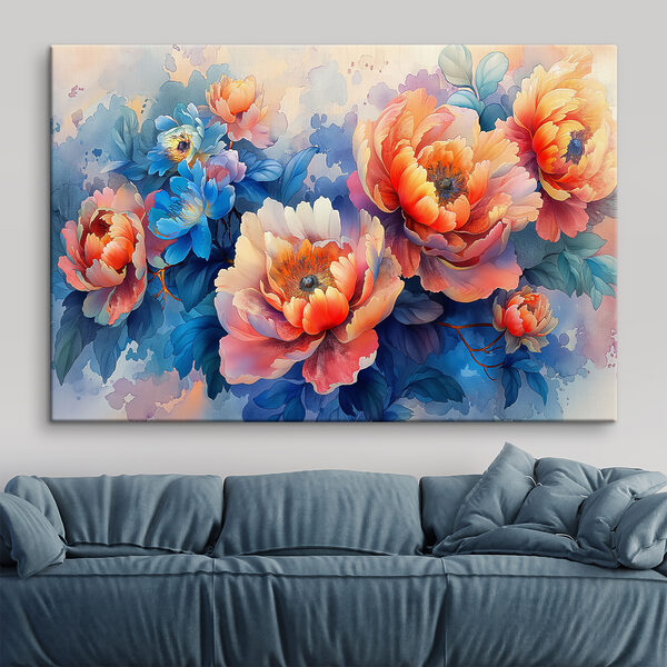 Een schilderij van bloemen op een blauwe achtergrond Een schilderij van bloemen op een blauwe achtergrond