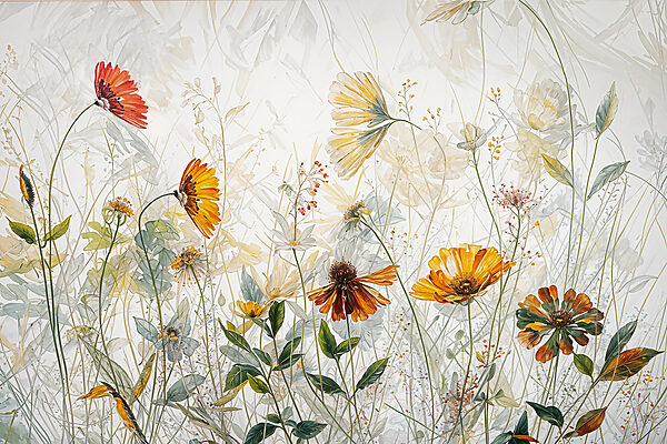 Een schilderij van bloemen en bladeren Een schilderij van bloemen en bladeren