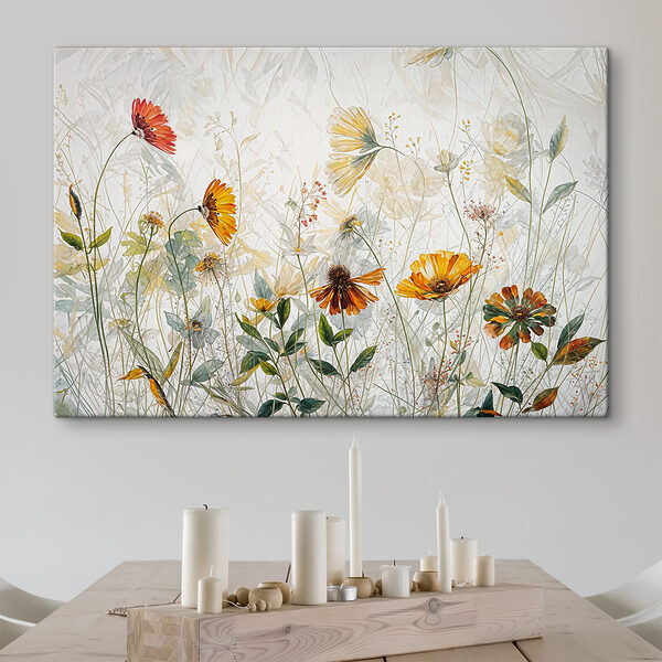 Een schilderij van bloemen en bladeren Een schilderij van bloemen en bladeren