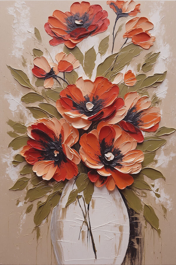Een schilderij van bloemen in een vaas Een schilderij van bloemen in een vaas