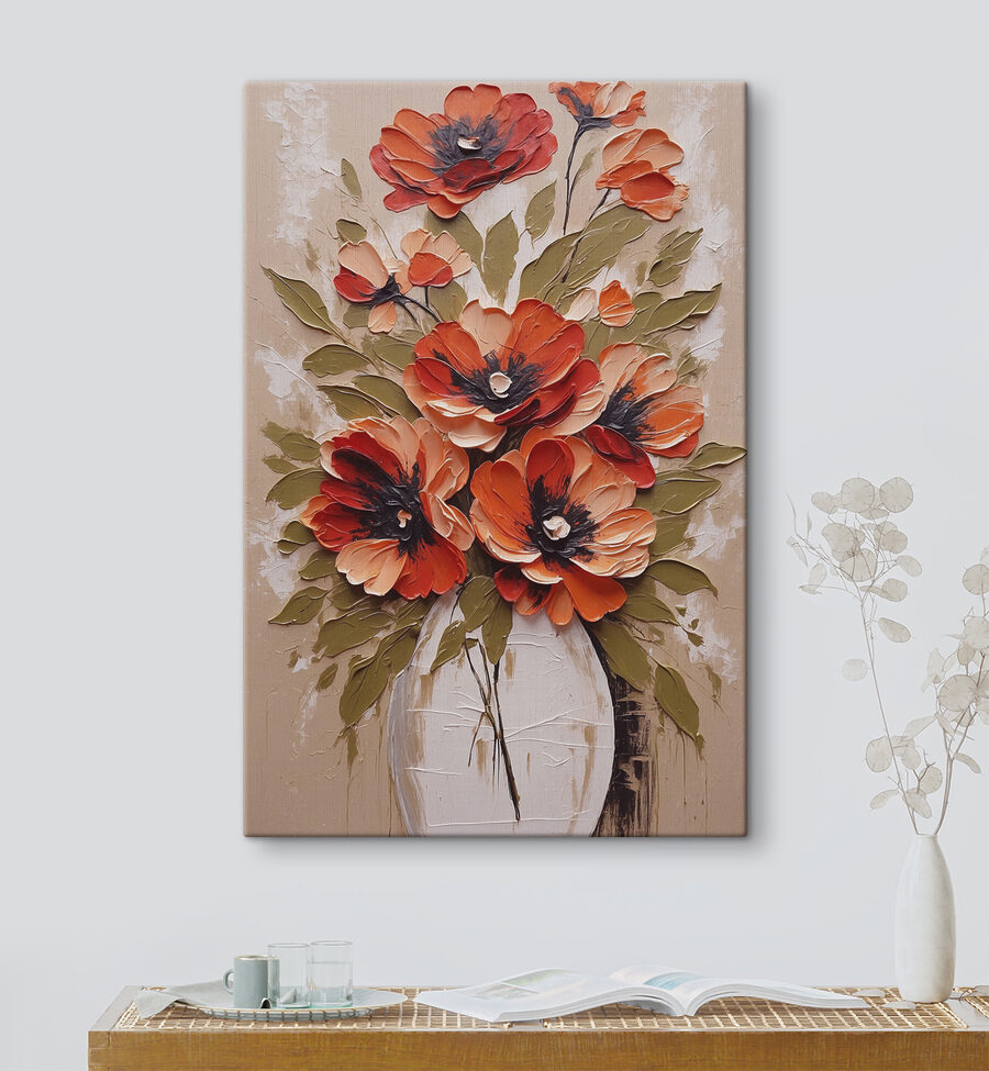 Een schilderij van bloemen in een vaas Een schilderij van bloemen in een vaas