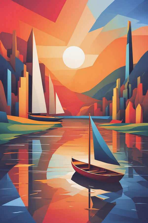 Een schilderij van boten op een rivier Een schilderij van boten op een rivier