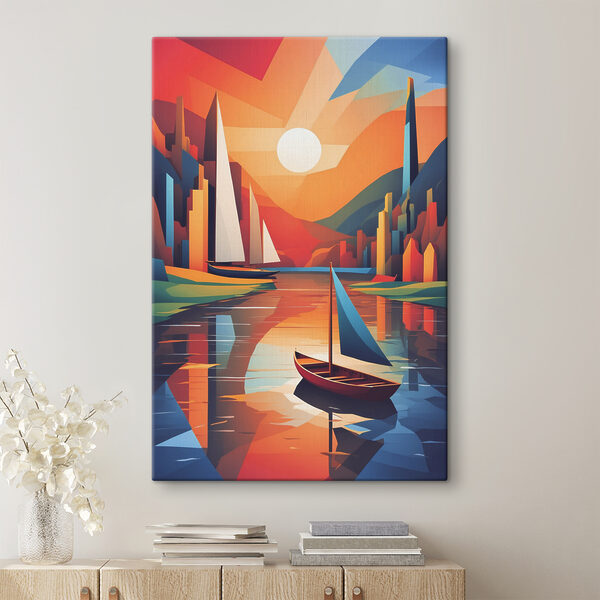 Een schilderij van boten op een rivier Een schilderij van boten op een rivier