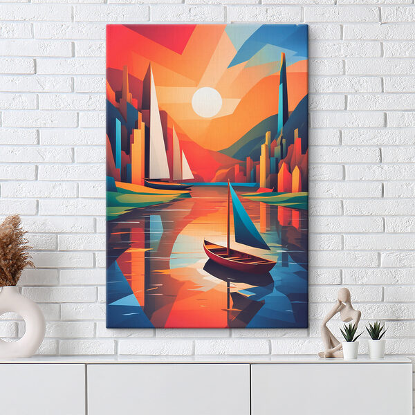 Een schilderij van boten op een rivier Een schilderij van boten op een rivier
