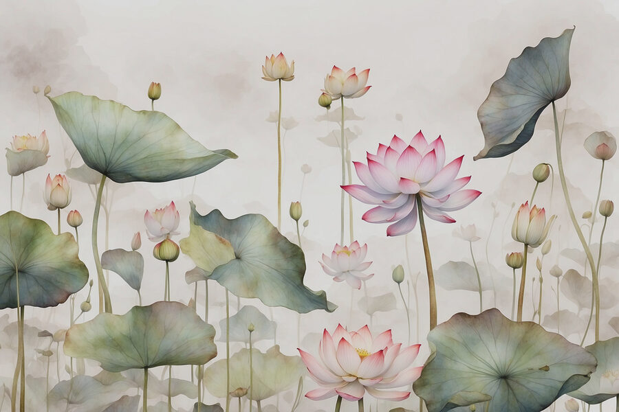 Een schilderij van bloemen en bladeren