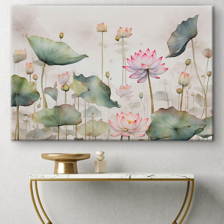 Een schilderij van bloemen en bladeren