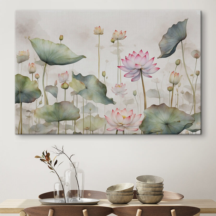 Een schilderij van bloemen en bladeren