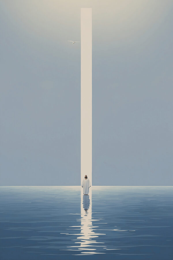 Een persoon die in het water staat met een lichtstraal Een persoon die in het water staat met een lichtstraal