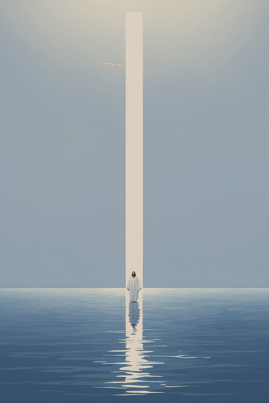 Een persoon die in het water staat met een lichtstraal Een persoon die in het water staat met een lichtstraal