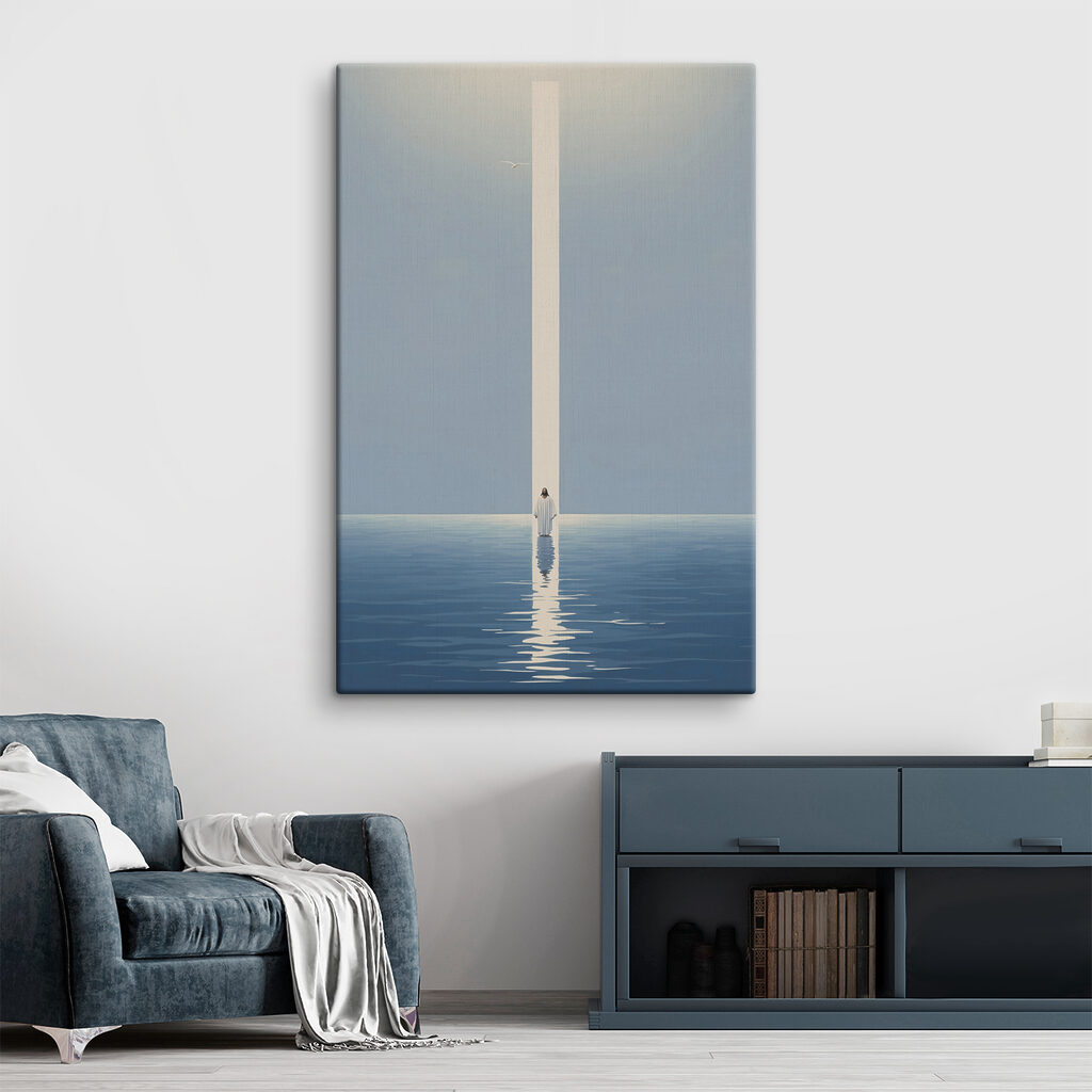 A person standing in water with a light beam A person standing in water with a light beam