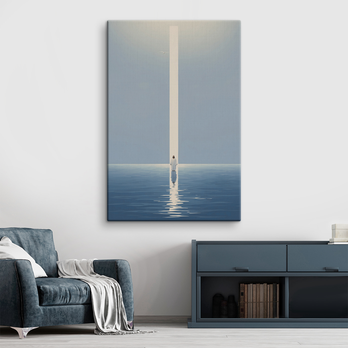 A person standing in water with a light beam A person standing in water with a light beam