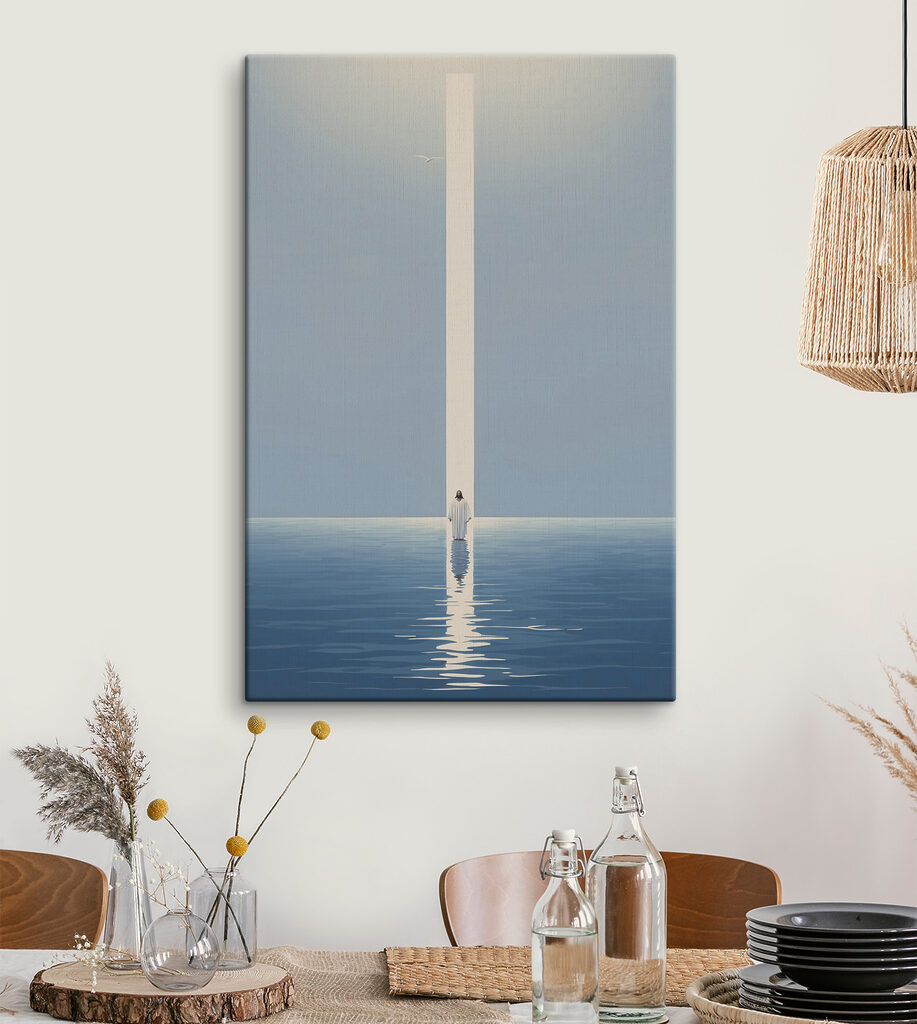 A person standing in water with a light beam A person standing in water with a light beam