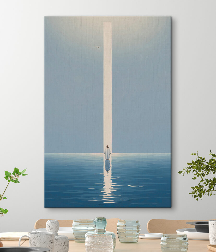 Een persoon die in het water staat met een lichtstraal Een persoon die in het water staat met een lichtstraal