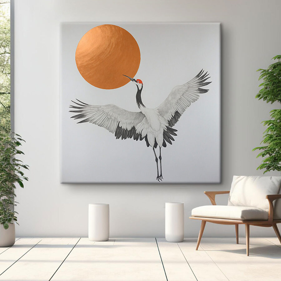 Kraanvogel danst onder stralende zon.