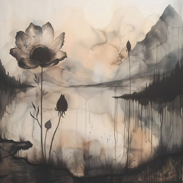 Een schilderij van een bloem en een meer Een schilderij van een bloem en een meer