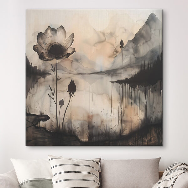 Een schilderij van een bloem en een meer Een schilderij van een bloem en een meer