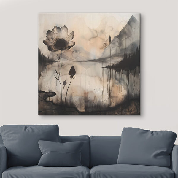 Een schilderij van een bloem en een meer Een schilderij van een bloem en een meer