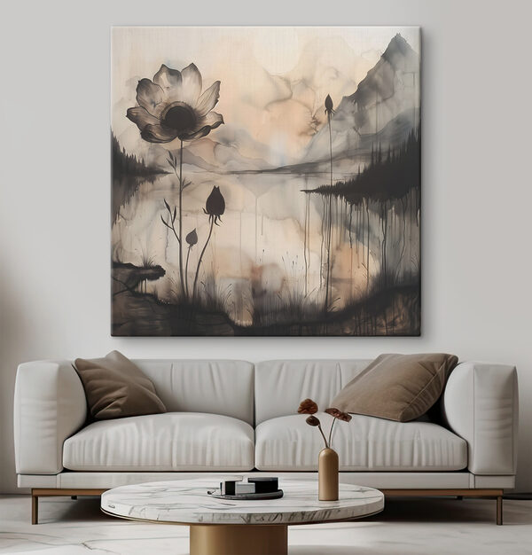 Een schilderij van een bloem en een meer Een schilderij van een bloem en een meer