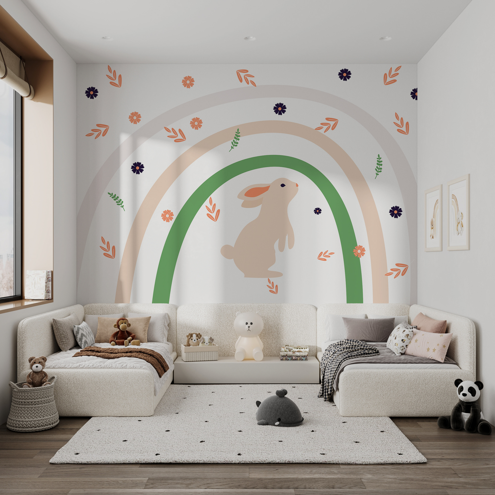 Een konijn en regenboog met bloemen w00485v1pir9ms - Een konijn en regenboog met bloemen - tegory