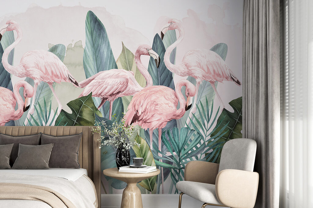 Een groep roze flamingo's en bladeren w00505pib67r 1024x683 - Een groep roze flamingo's en bladeren - tegory