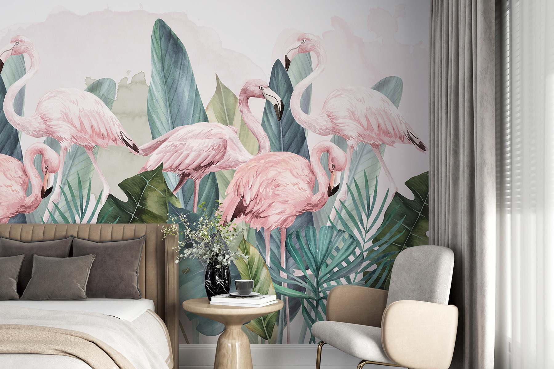 Een groep roze flamingo's en bladeren w00505pib67r - Een groep roze flamingo's en bladeren - tegory