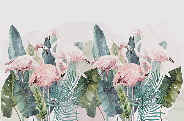 Een groep roze flamingo's en bladeren w00505p 600x396 - Een groep roze flamingo's en bladeren - tegory