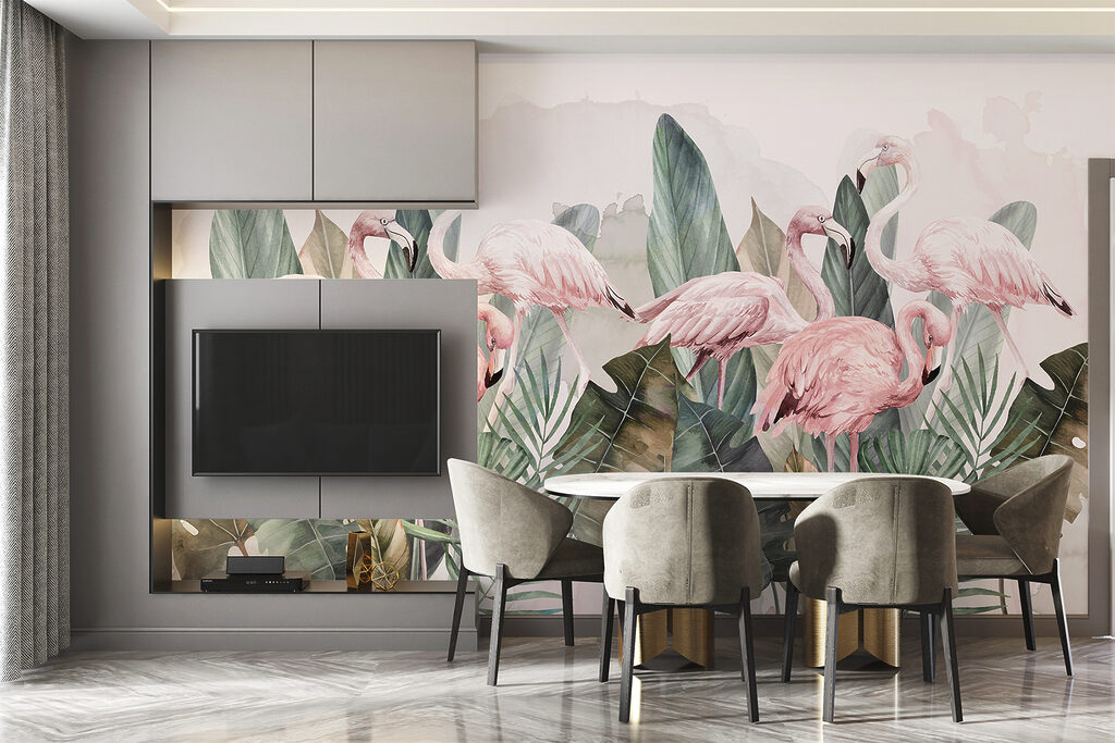 Een groep roze flamingo's en bladeren w00505v1pig65mr 1024x683 - Een groep roze flamingo's en bladeren - tegory