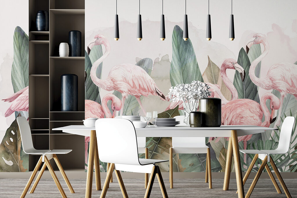 Een groep roze flamingo's en bladeren w00505v1piq45r 1024x683 - Een groep roze flamingo's en bladeren - tegory
