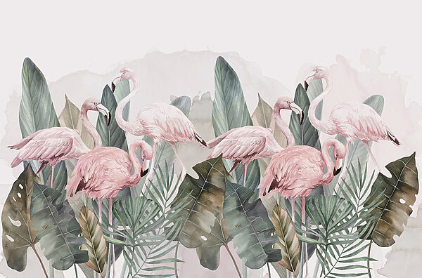 Een groep roze flamingo's en bladeren Een groep roze flamingo's en bladeren