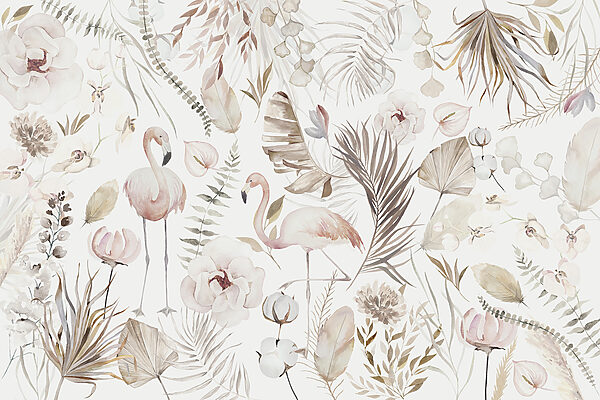 Een aquarelschilderij van flamingo's en bloemen w00507p 600x400 - Een aquarelschilderij van flamingo's en bloemen - tegory