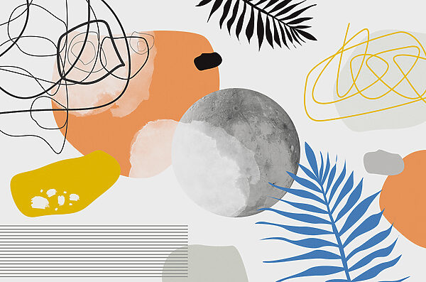 Een kleurrijk kunstwerk met zwart-witte cirkels en bladeren Een kleurrijk kunstwerk met zwart-witte cirkels en bladeren