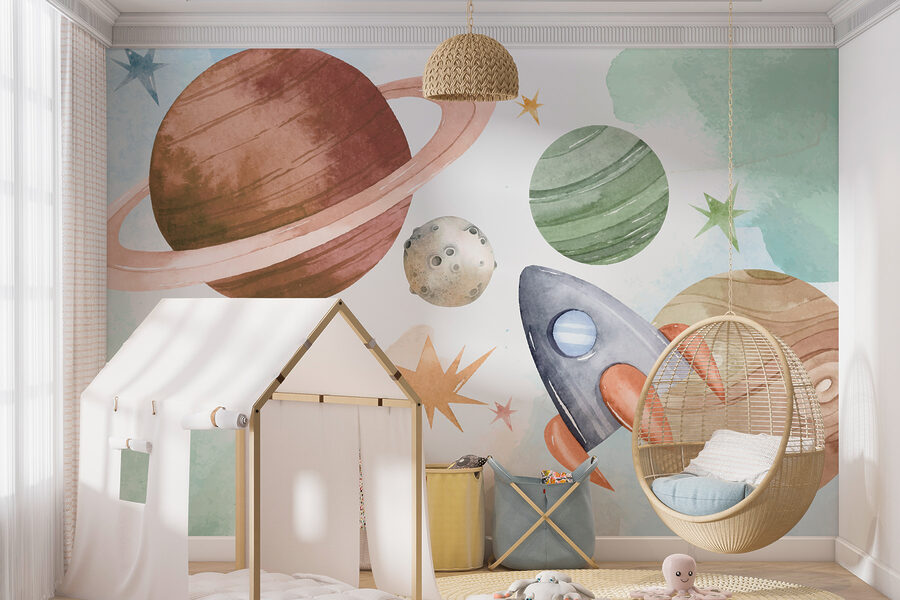 Een raket en planeten in de ruimte