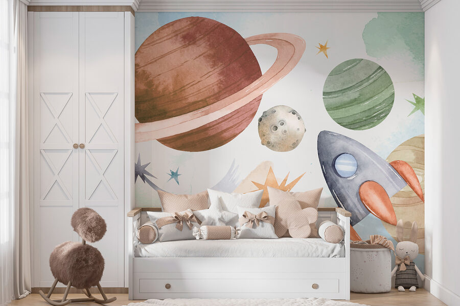 Een raket en planeten in de ruimte
