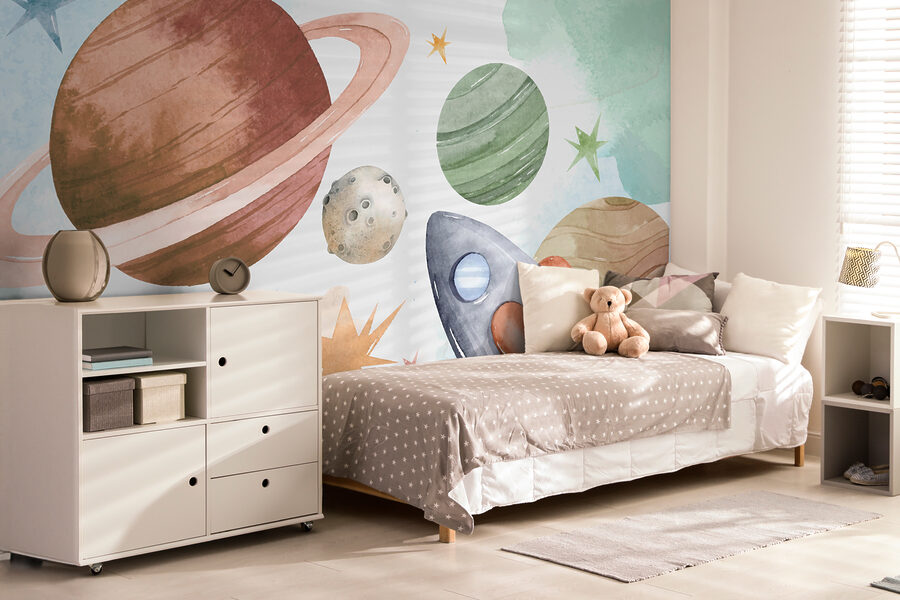 Een raket en planeten in de ruimte