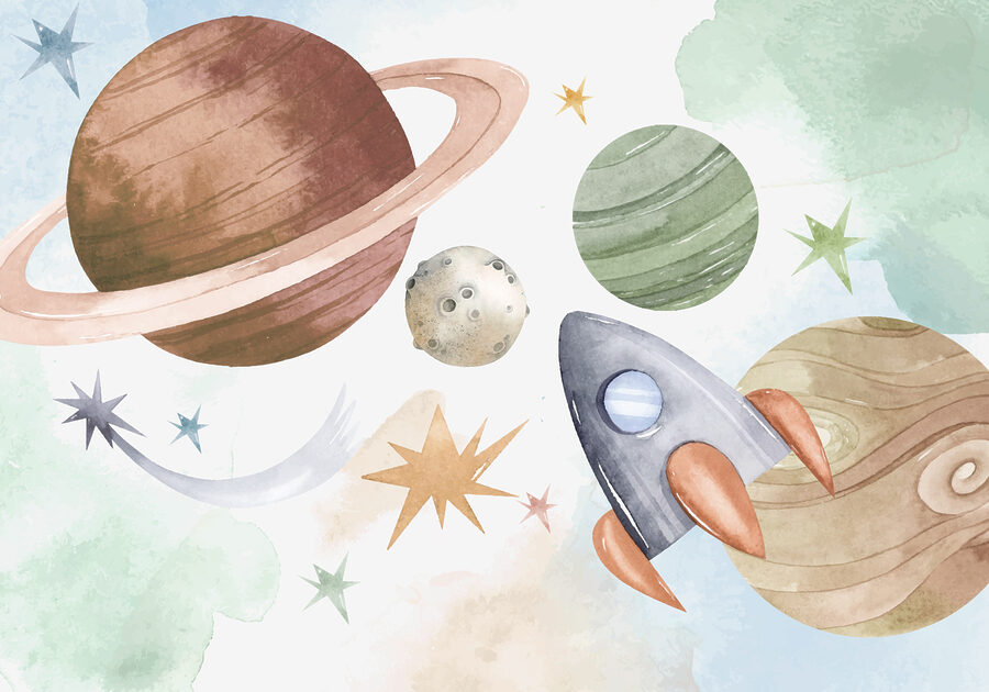 Een raket en planeten in de ruimte
