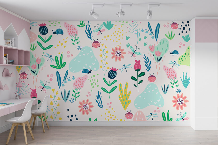Een patroon van bloemen en insecten Een patroon van bloemen en insecten