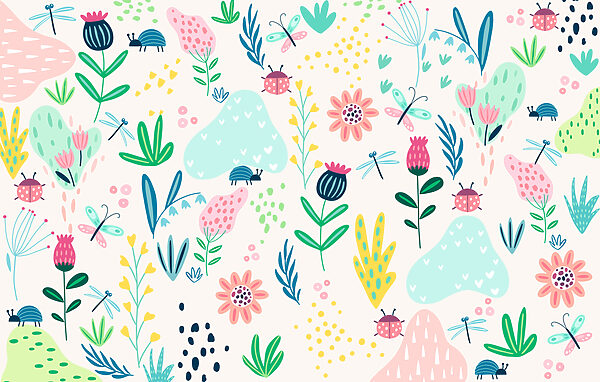 Een patroon van bloemen en insecten Een patroon van bloemen en insecten