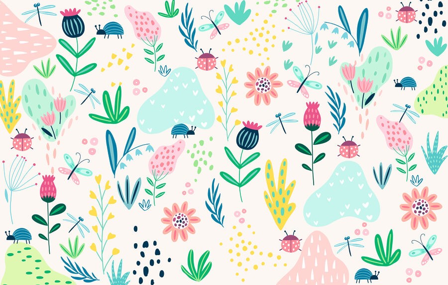 Een patroon van bloemen en insecten Een patroon van bloemen en insecten