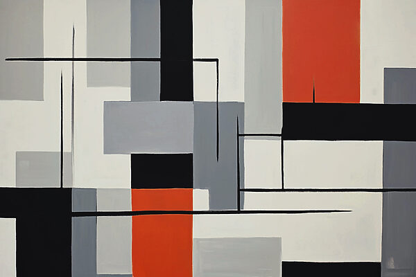 Een schilderij van zwarte rode en witte rechthoeken Een schilderij van zwarte rode en witte rechthoeken
