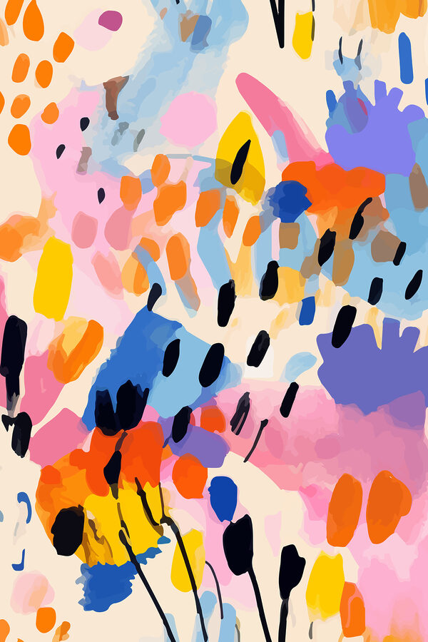 Een kleurrijk schilderij van zwarte stippen en vlekken Een kleurrijk schilderij van zwarte stippen en vlekken