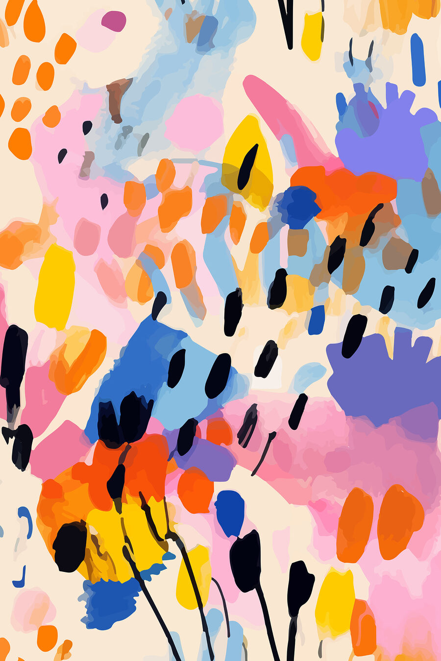 Een kleurrijk schilderij van zwarte stippen en vlekken