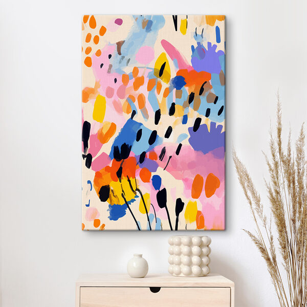 Een kleurrijk schilderij van zwarte stippen en vlekken Een kleurrijk schilderij van zwarte stippen en vlekken