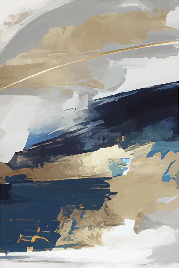 Een schilderij van blauwe en witte en bruine verf Een schilderij van blauwe en witte en bruine verf